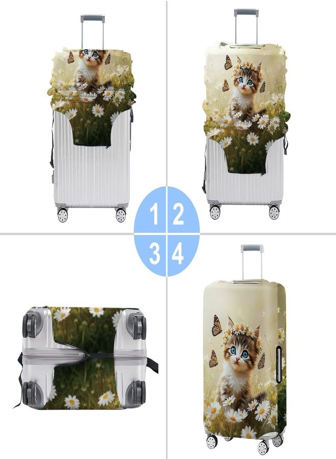 THISFIND Cute Cat and Butterflies Luggage Cover for 24-26 Inch Suitcase - Colorful Floral Travel Protector with Daisy and Meadow Design - Stretch Washable Luggage Sleeve,M - Image 4